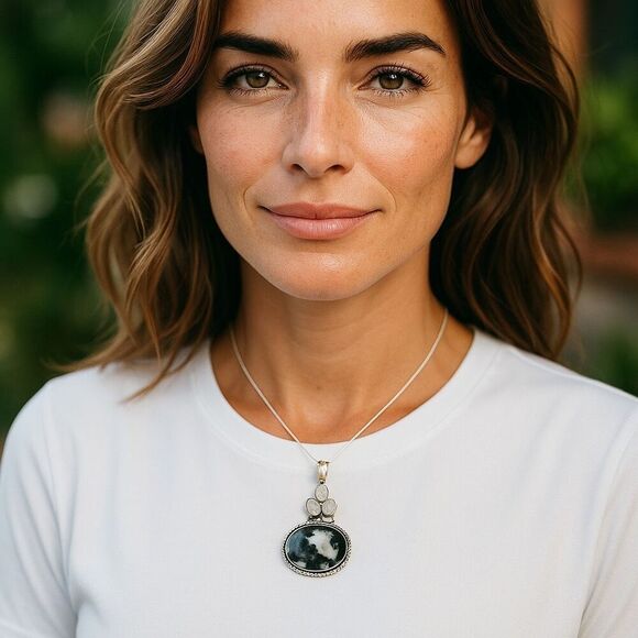 Western White Buffalo Turquoise Rainbow Moonstone Articulating Pendant Necklace - Picture 6 of 6